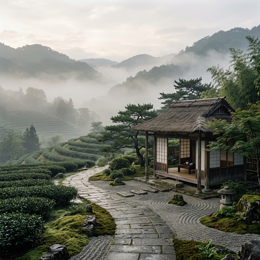 Serene Jingshan tea garden landscape with ancient architecture